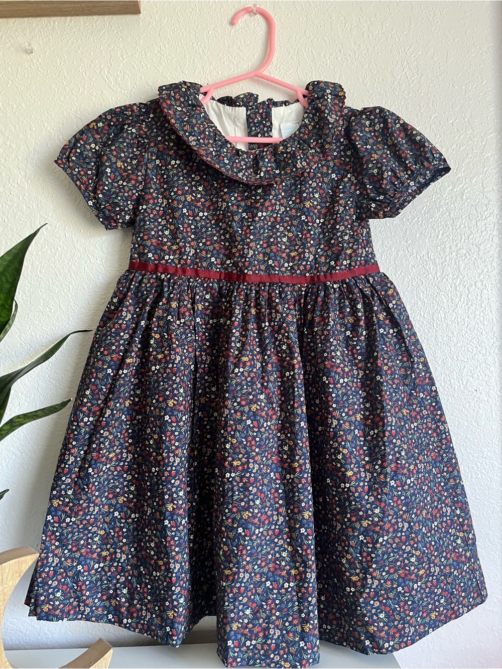 Edgehill Collection Navy Floral Ruffled Collar Dress with Maroon Waist Trim